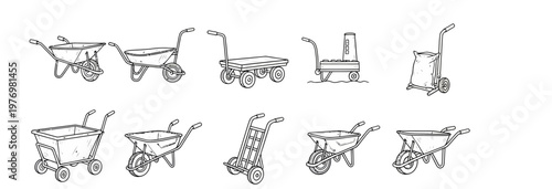 Assortment of handdrawn carts and wheelbarrows for various material handling needs in construction, gardening, and logistics.