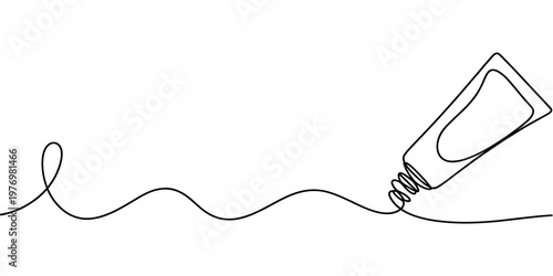 Minimalist continuous line art of a squeeze tube and a flowing wavy line, ideal for beauty, hygiene, or product branding and elegant graphic compositions.
