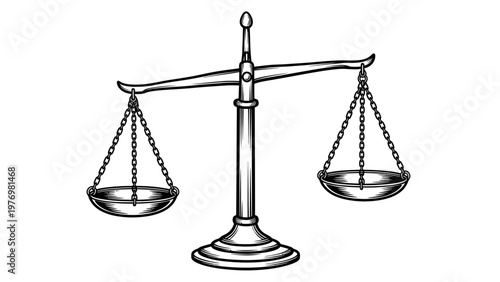 Classic black and white balance scale symbolizing justice, law, and fairness, ideal for legal, ethical, and equilibrium related concepts.