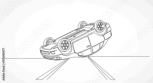 Continuous line drawing of an overturned car on a road, depicting a vehicle accident or safety concern for various graphical applications.