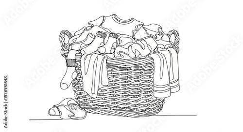 A single continuous line drawing featuring a full laundry basket with clothes and socks, perfect for illustrating domestic life, cleaning, and home organization concepts.