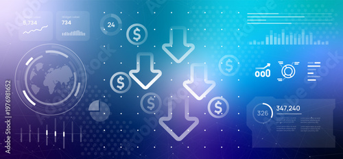 financial market crash and economic decline downward arrows on digital blue dashboard with global statistics investment loss stock price reduction in global trade