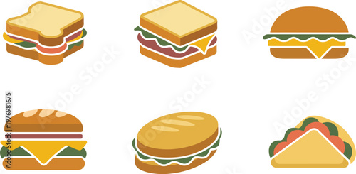 Assorted sandwich types including burgers and club sandwiches  various bread and filling combinations