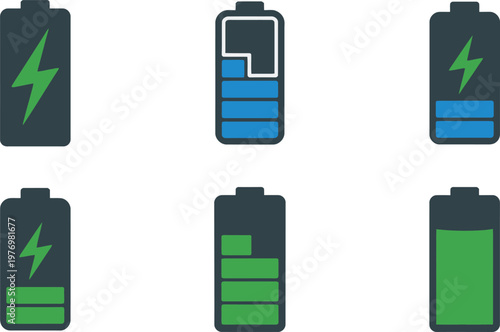 Battery icons with different charge levels and colors on white background  energy and power symbols