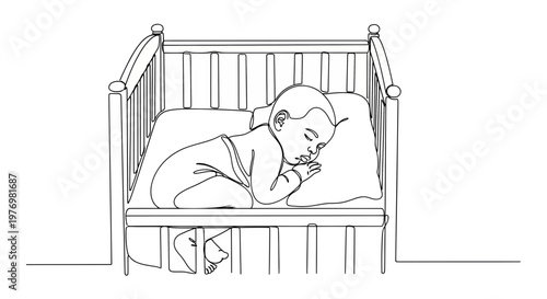 A serene single line drawing captures a baby sleeping soundly in a crib, ideal for minimalist designs, nursery themes, and content about infancy or restful sleep.