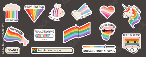 Retro LGBTQ pride sticker set with inclusive rainbow slogans. Vintage y2k computer ui icons, transgender flag loading bar, lesbian pride heart, and queer aesthetic graphics for digital design. Vector.