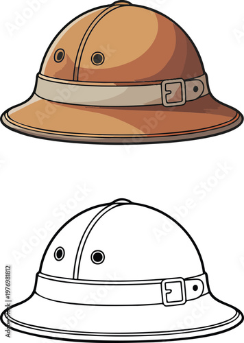Pith helmet illustration & outline set isolated on transparent background