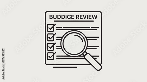 A graphic illustration of a checklist with a magnifying glass for a Buddige review on a plain background