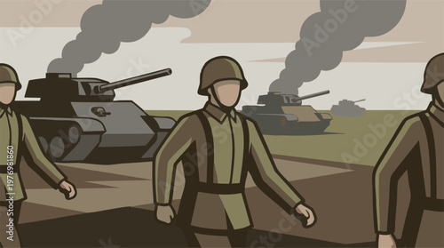 Military illustration of soldiers marching with tanks on a battlefield