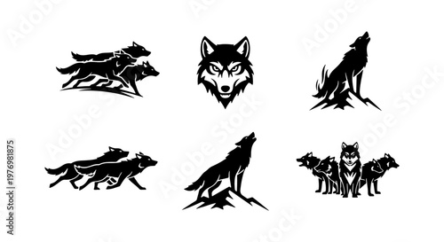 Wolf logo collection, 6 black vector wolf icons, howling wild animal set