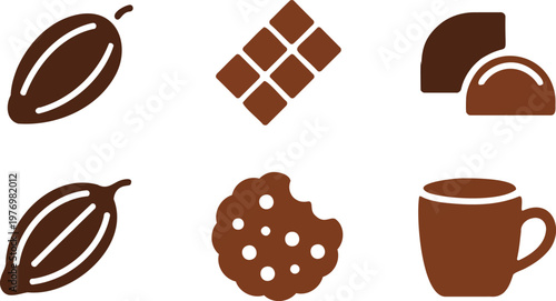 Chocolate food and drink icons including cacao pods chocolate bars cookies and a mug on white background