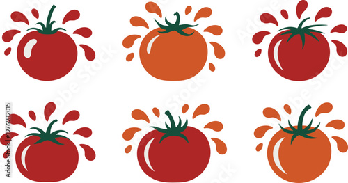 Colorful illustration of tomatoes with red and orange juice splashes around them on white background for food design