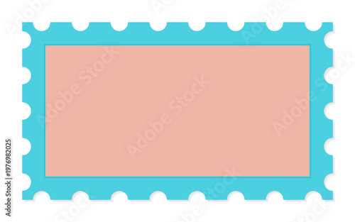 Horizontal blank postage stamp frame in cyan and peach colors with transparent background