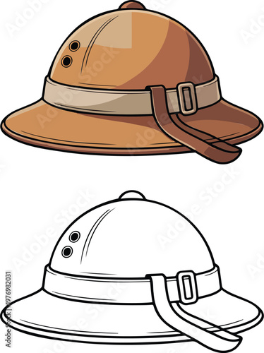 Pith helmet illustration & outline set isolated on transparent background