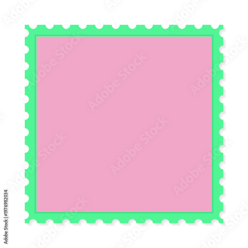 Square blank postage stamp design in bright green and pink with transparent background