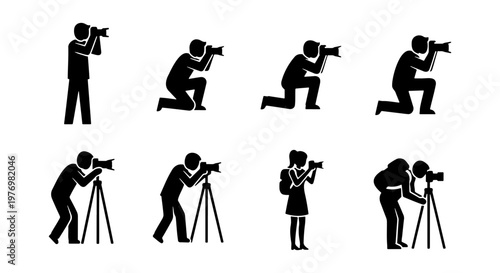 Photographer stick figure icons, 8 camera operator vectors, photography set