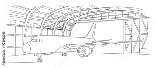 Outline drawing of a commercial airplane parked inside a large hangar for inspection and repair operations in an aviation facility