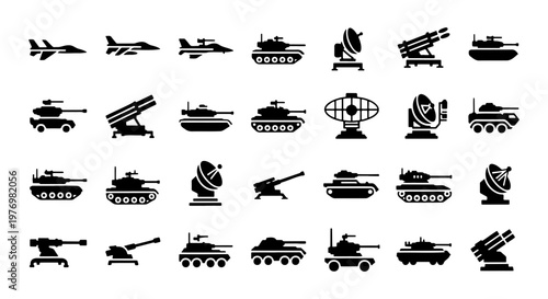 Military vehicle icons set, 28 black army tank and weapon vectors