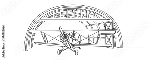Continuous line drawing of a classic biplane parked inside an arched airplane hangar, ideal for aviation history themes, vintage transportation projects, or engineering and architectural