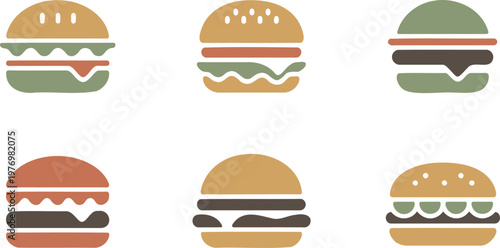 Colorful illustrations of different burgers with various toppings  six icons in a row on white background
