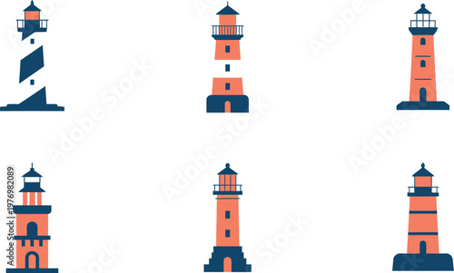 Set of colorful lighthouse icons in different styles and designs  various architectural elements and details