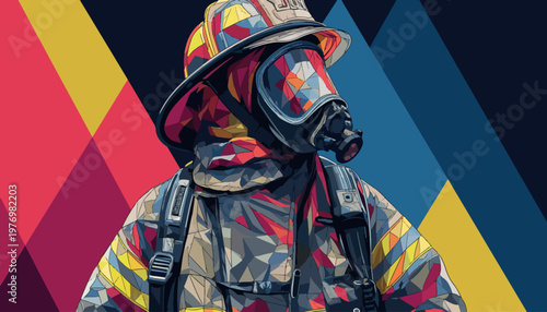 Low Poly Firefighter in Protective Suit and Gas Mask Vector Illustration