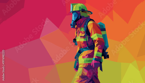 Low Poly Firefighter in Protective Suit and Gas Mask Vector Illustration