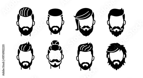 Barbershop hairstyle icons, 8 male beard avatars, hipster hair vector set