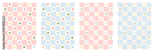 Set of pastel rainbow heart gingham patterns. Retro hand-drawn pink and blue checkerboard backgrounds with colorful heart icons. Cute aesthetic bundle for pride, nursery decor. Vector illustration.