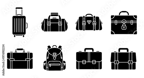 Travel luggage icon set, black baggage vector, 8 suitcase elements