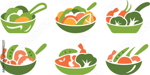 Six green bowls of vegetable and shrimp soup ingredients on white background for healthy eating concepts