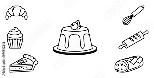 A delightful assortment of bakery products and kitchen tools presented as outline icons perfect for culinary web design, menu graphics, or foodrelated educational materials.