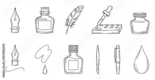 Assortment of writing and drawing implements featuring fountain pen nibs, ink bottles, quill feather, droppers, and paintbrushes, ideal for stationery, calligraphy, and school supplies.