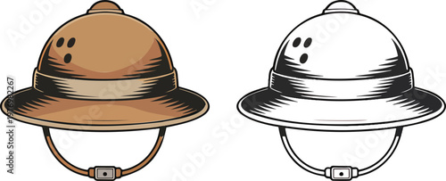 Pith helmet illustration & outline set isolated on transparent background