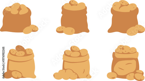Six brown sacks filled with potatoes on white background  various cartoonstyle potato sacks