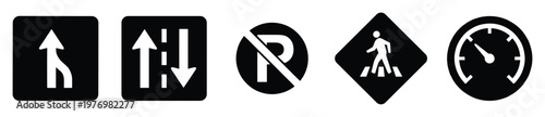 Diverse set of road traffic and driving symbols showcasing lane merge, twoway road, no parking, pedestrian crosswalk, and speedometer, suitable for navigation and safety applications