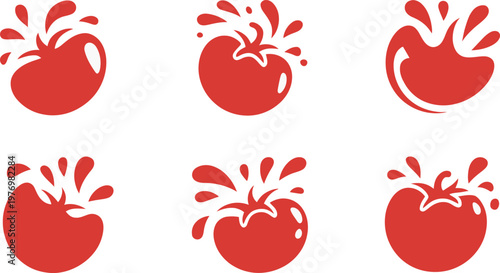 Six red tomato splashes in different positions and styles on white background  fresh juicy tomatoes