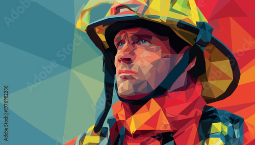 Low Poly Firefighter in Protective Suit and Gas Mask Vector Illustration