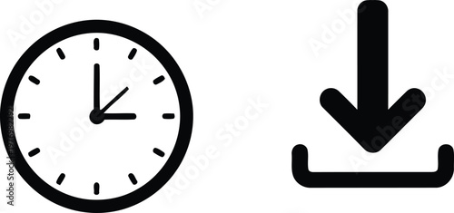 A black and white graphical representation of a clock icon alongside a simple download symbol icon. Vector