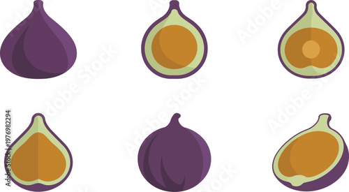Six purple figs and cut figs on white background