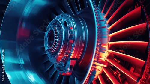 Jet engine turbine blades and internal components glowing with vibrant red and blue light, showcasing advanced aerospace engineering and power generation technology