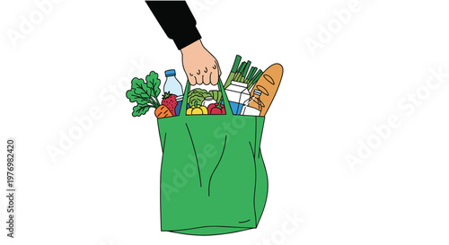 Human hand holding a green reusable bag filled with fresh groceries including bread milk vegetables and fruit.