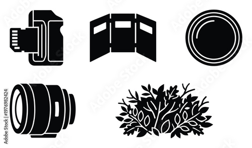 Collection of photography equipment icons including memory card, camera lens, screen, filter, and a bush for visual media projects and creative outdoor shooting concepts.