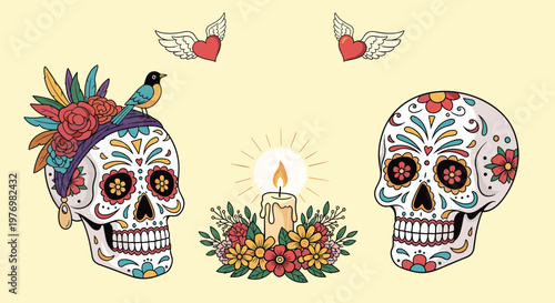 Day of the Dead celebration theme featuring decorated sugar skulls a burning candle and colorful flowers with winged hearts.