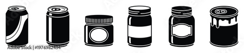 Assorted black and white silhouettes of various beverage and food containers including drink cans and jars perfect for graphic projects, product branding, and packaging mockups.