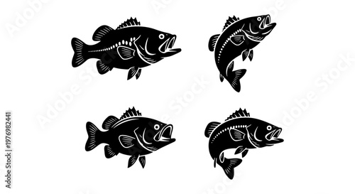Vintage bass fish silhouettes, 4 fishing vector icons, black trout set