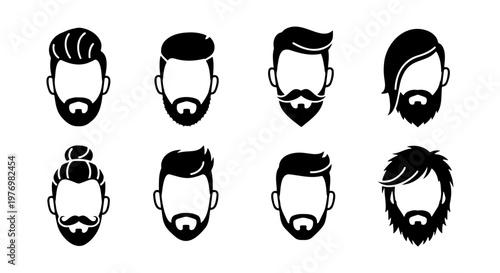 Barber shop icons, 8 men hairstyles and beards, male grooming vector set