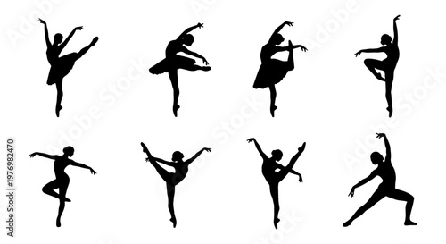 Ballerina silhouette set, 8 ballet dancer icons, graceful dancing poses