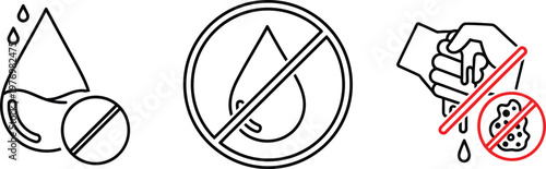 Three line art icons illustrating water usage restrictions and cleaning instructions for laundry Vector