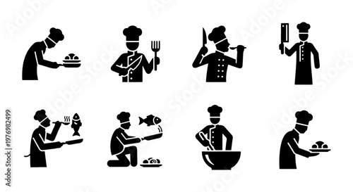 Professional chef icon set, restaurant cook silhouettes, 8 kitchen vectors